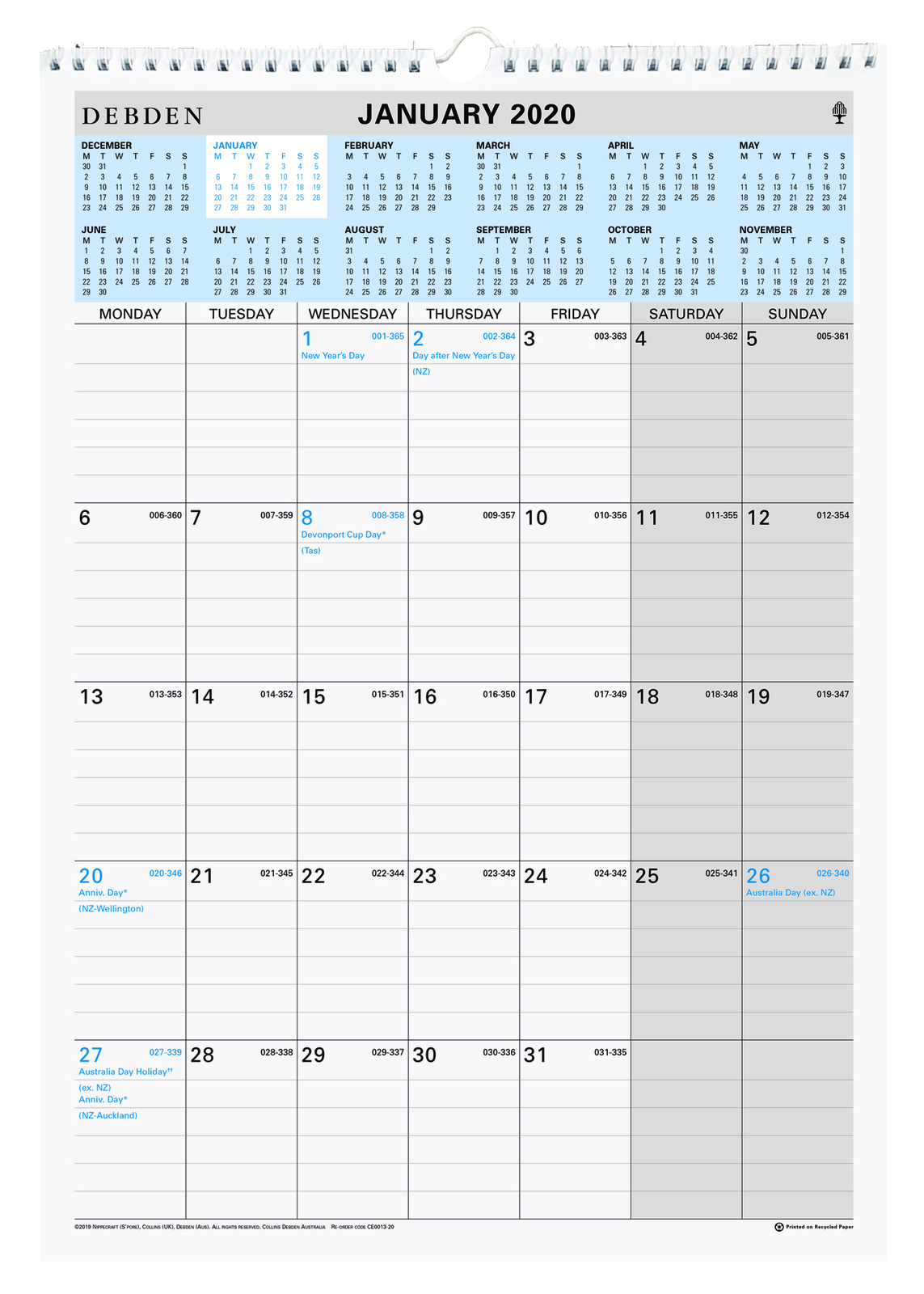 2020 Debden Calendar Wiro Medium Wall CE0013 Collins Debden