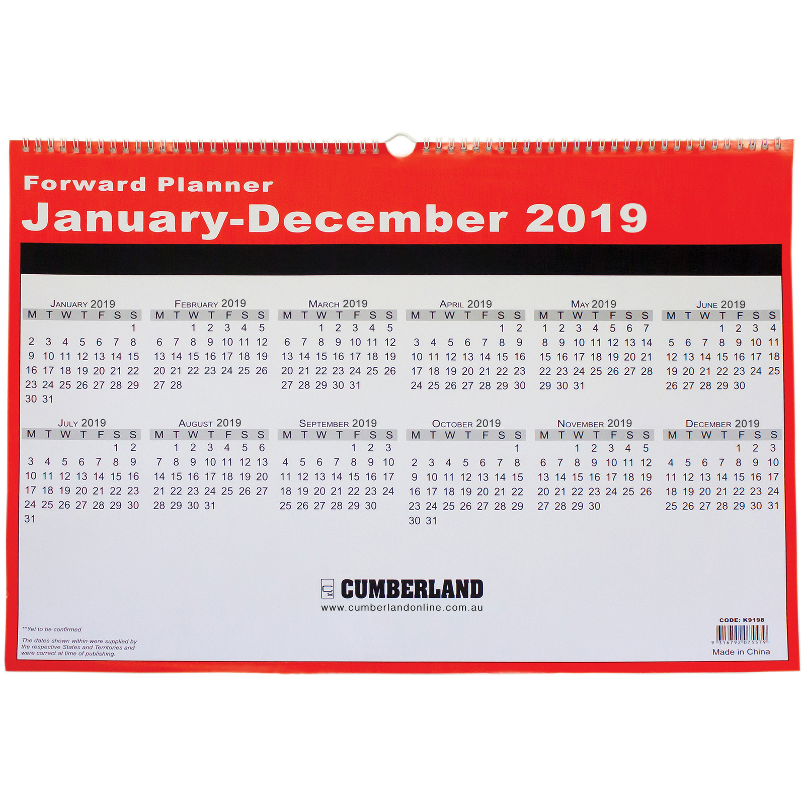 calendar 2019 cumberland 12 month wall planner 520x390mm k9198