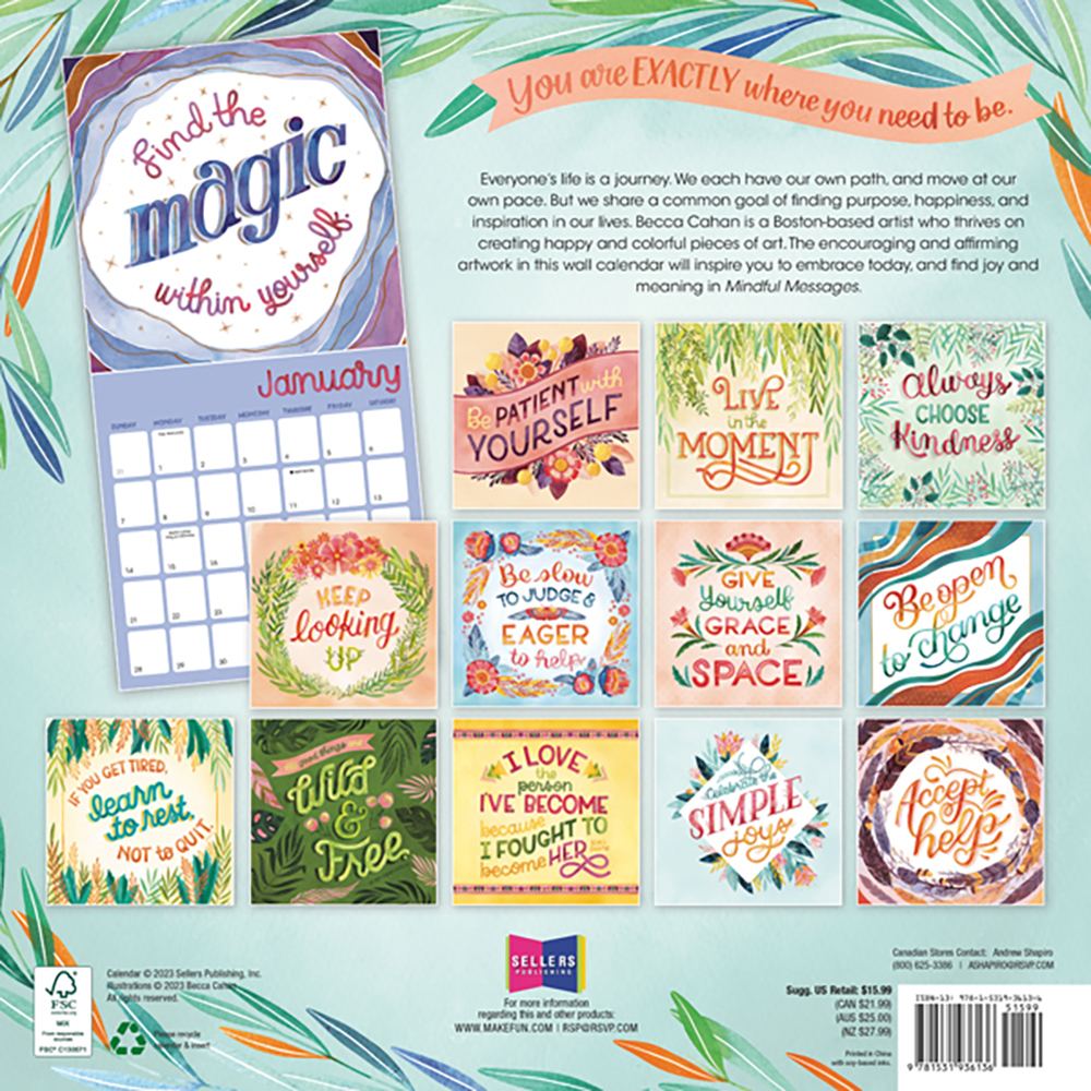 Mindful Messages 16Month 2024 Square Wall Calendar by Becca Cahan