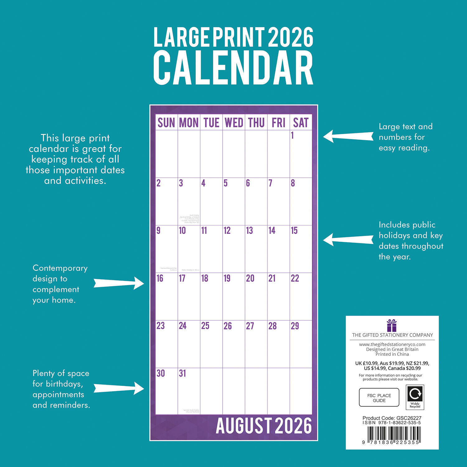 Large Print Calendar 2026 Square Wall Calendar