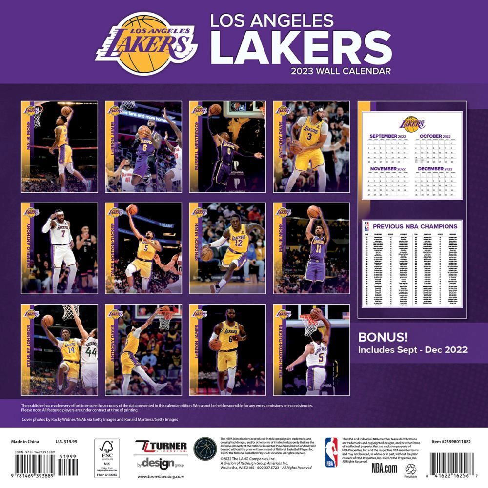 2023 Calendar NBA Los Angeles Lakers Square Wall Turner Sports 