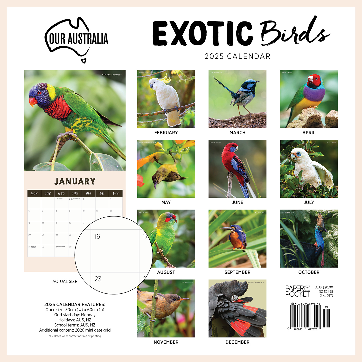 2020 Our Australia Exotic Birds Square Wall Calendar by Paper Pocket