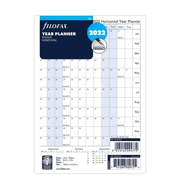 Filofax A5 Year Planner Horizontal 2022 22-68506
