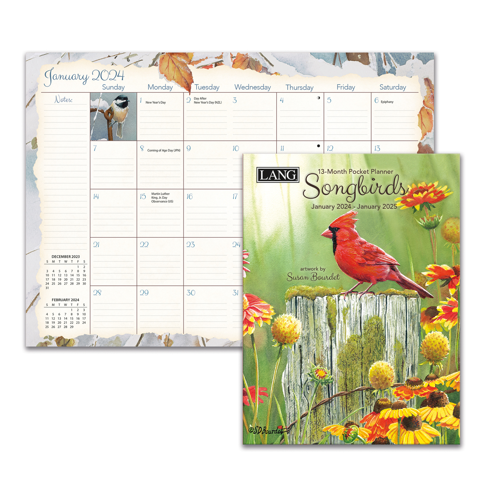 2024 13Month Planner Songbirds by Susan Bourdet Pocket Monthly Lang