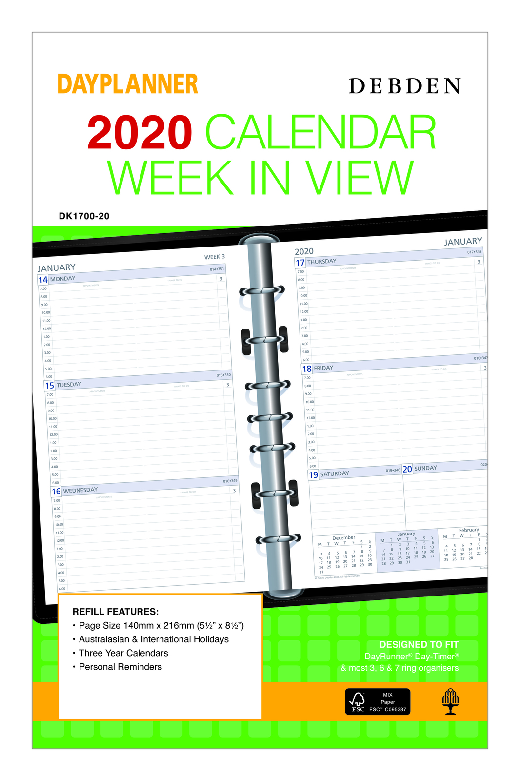 2020 Debden DayPlanner Refill Desk Week to View DK170020 Collins Debden