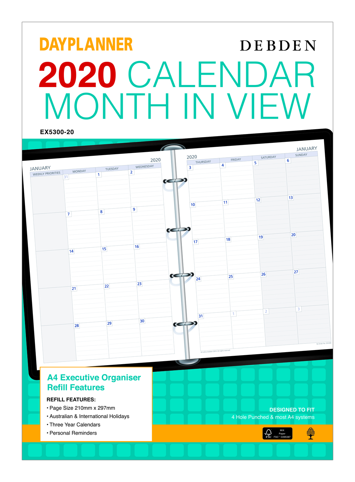 2020 Debden DayPlanner Refill A4 Month to View EX530020 Collins Debden