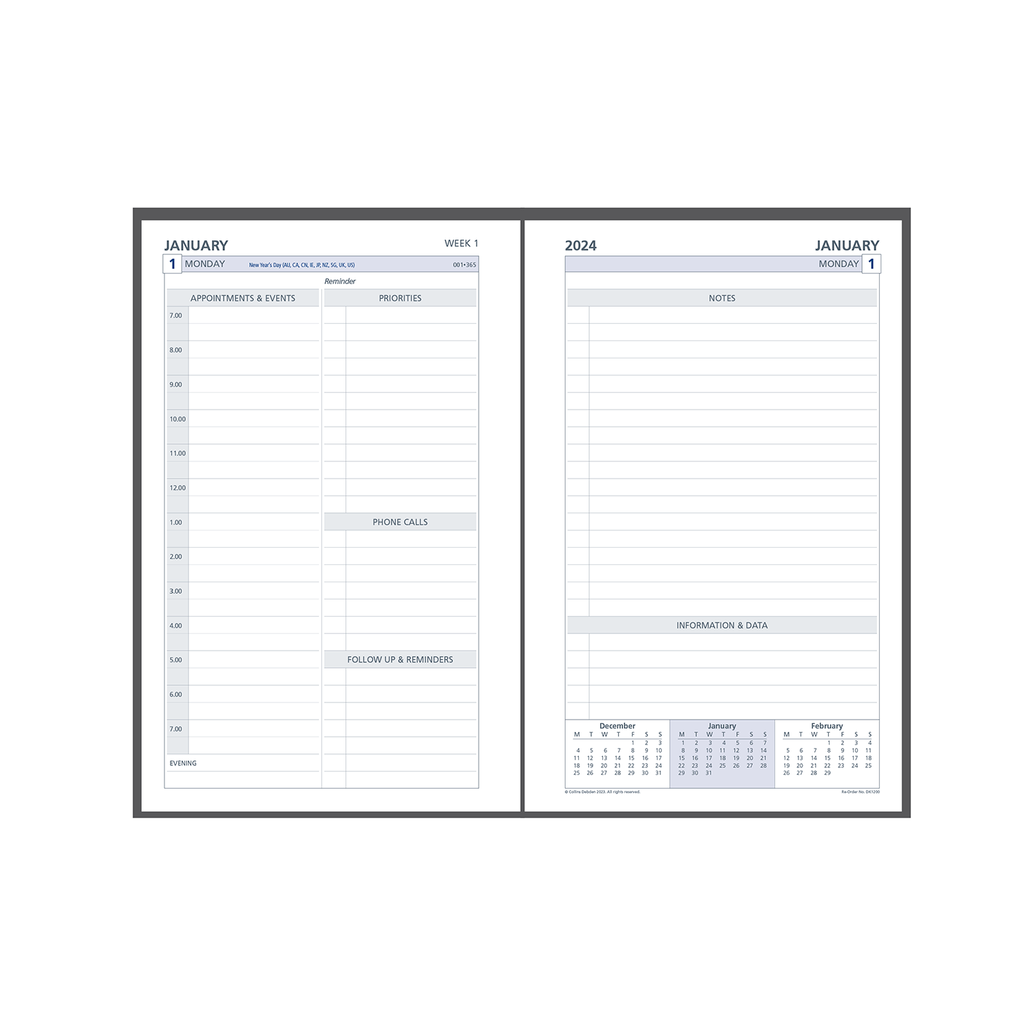 2024 Refill Debden DayPlanner Desk 2 Pages to a Day DK1200 Collins Debden