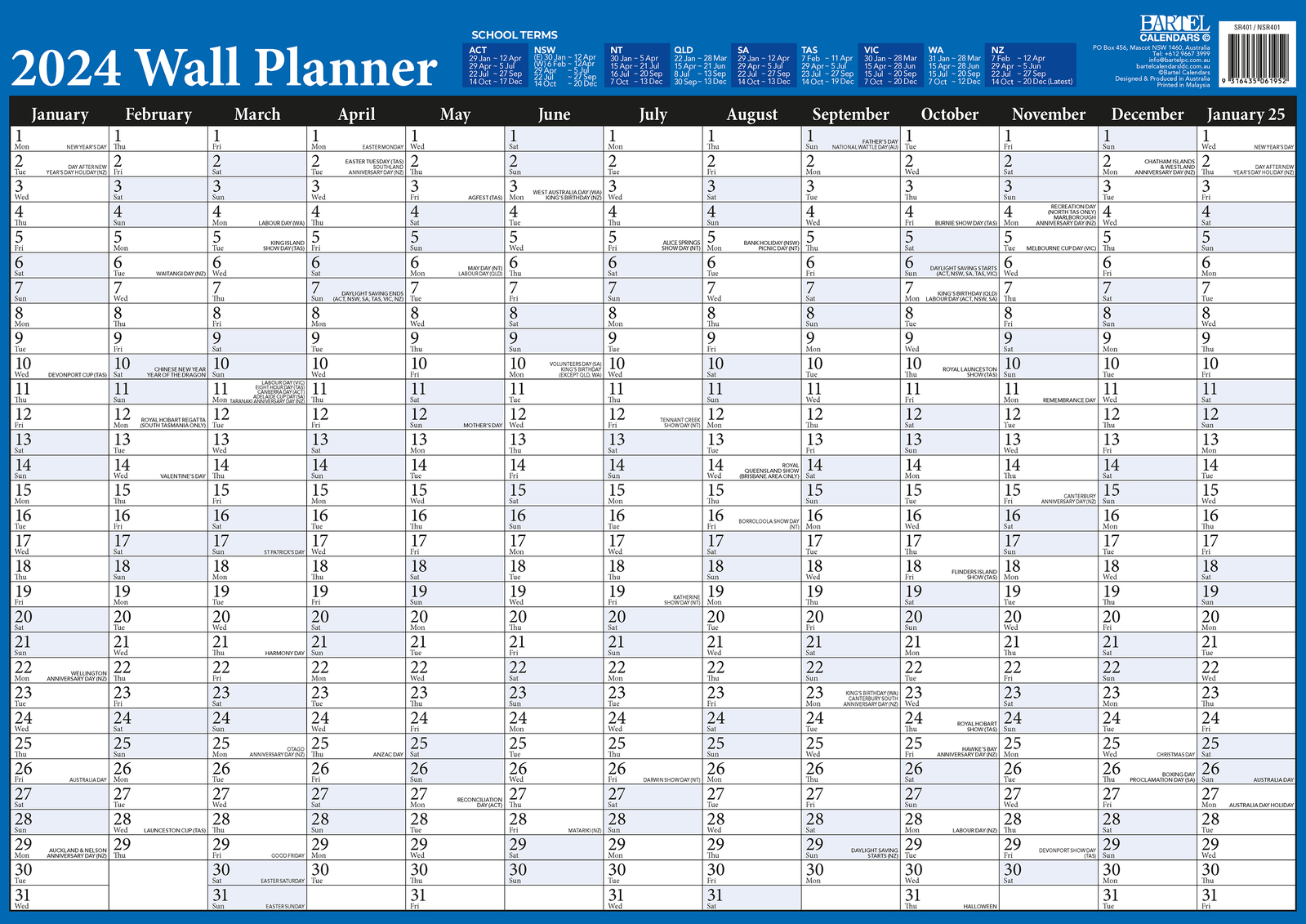 2024 Calendar Big Grid Wall Planner A2 w/ World Map Blue by Bartel