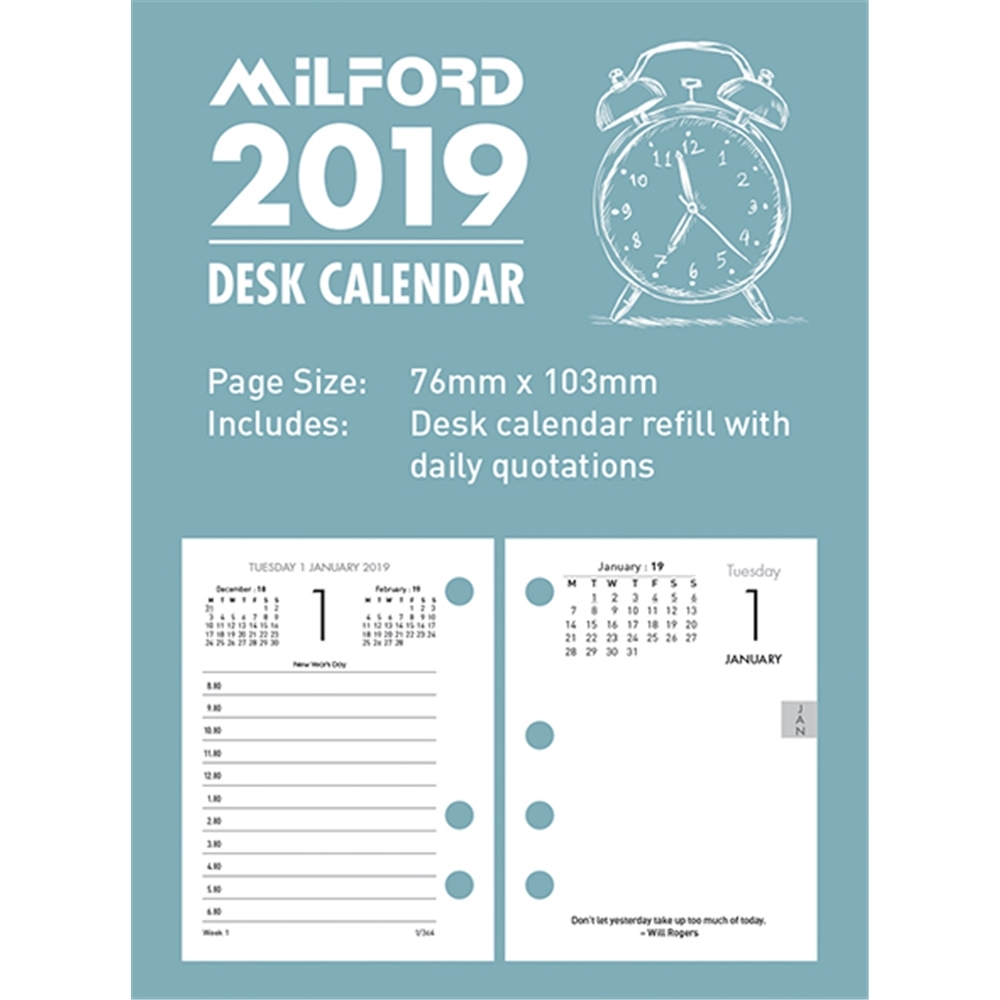 Milford 2019 Desk Calendar Side Opening Daily Refills 76x103mm