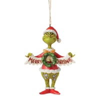 Grinch by Jim Shore Hanging Ornament 13cm Grinch With Merry Christmas Banner, Whitehill 6015226