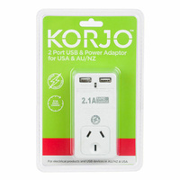 Korjo Travel Adaptor Two Port USB For USA, Canada and Mexico USB2X2US