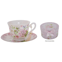 Gibson Gifts Cup & Saucer Set Pink Hydrangea with Tassle in Gift Box Fine China, 20560