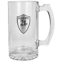 Landmark Concepts Beer Stein Glass 500 mL Mug with Pewter Look Badge - Happy 21st BG206