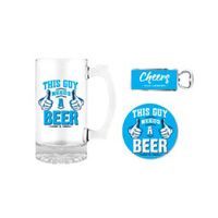Premium Gift Set Glass Stein, Coaster & Bottle Opener This Guy Needs A Beer, Landmark BG0105