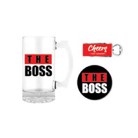 Premium Gift Set Glass Stein, Coaster & Bottle Opener The Boss, Landmark BG0104