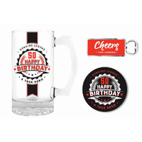 Premium Gift Set Glass Stein, Coaster & Bottle Opener 50 Happy Birthday, Landmark BG0124