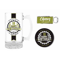 Premium Gift Set Glass Stein, Coaster & Bottle Opener 18 Happy Birthday, Landmark BG0120