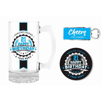 Premium Gift Set Glass Stein, Coaster & Bottle Opener 21 Happy Birthday, Landmark BG0121