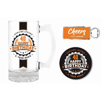 Premium Gift Set Glass Stein, Coaster & Bottle Opener 40 Happy Birthday, Landmark BG0123