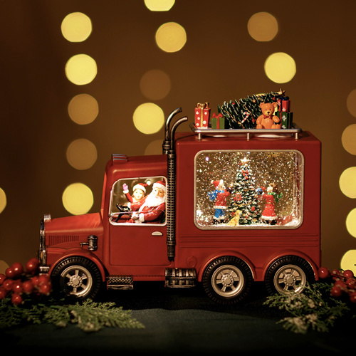 Christmas Light-Up Figurine 28x21cm Snowing Truck with Santa and Xmas Tree LED Light & Music, JT72-2