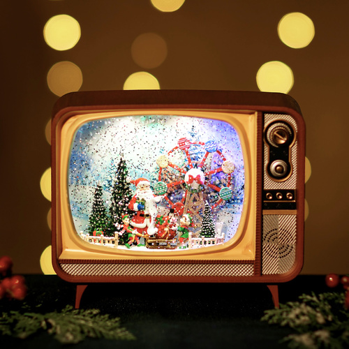 Christmas Light-Up Figurine 21x17cm Snowing TV with Ferris Wheel LED Light & Music, JT73-1
