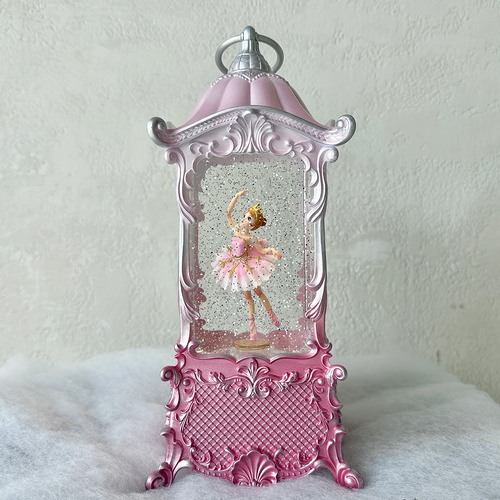Snowing Tudor Lantern with Spinning Ballerina 28cm Pink, Musical Lights Xmas & Co JT80-12