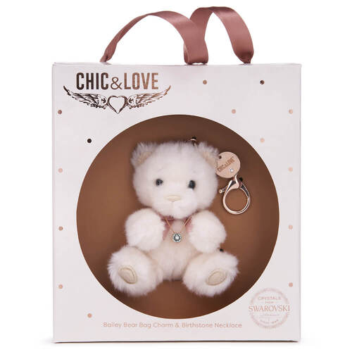 Chic & Love Bailey Bear Bag Charm & Swarovski Birthstone Necklace - APR Diamond JAS-CAL37554