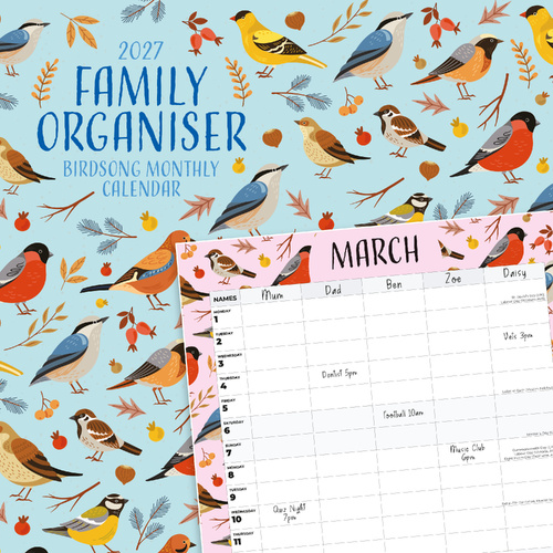 2027 16-Month Calendar Birdsong Family Organiser Square Wall, Red Robin RR271073