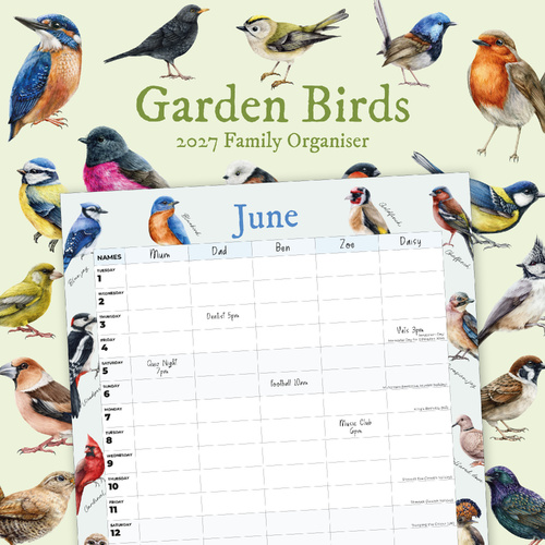 2027 16-Month Calendar Garden Birds Family Organiser Square Wall, Red Robin RR271080