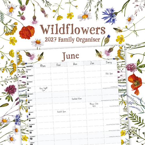 2027 16-Month Calendar Wildflowers Family Organiser Square Wall, Red Robin RR271089