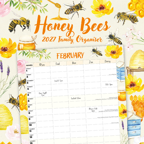 2027 16-Month Calendar Honey Bees Family Organiser Square Wall, Red Robin RR271382