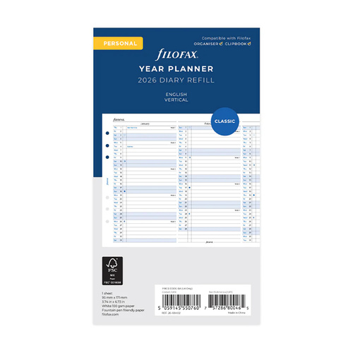 2026 Refill Filofax Classic Personal Year Planner Vertical Fold-Out 26-68402
