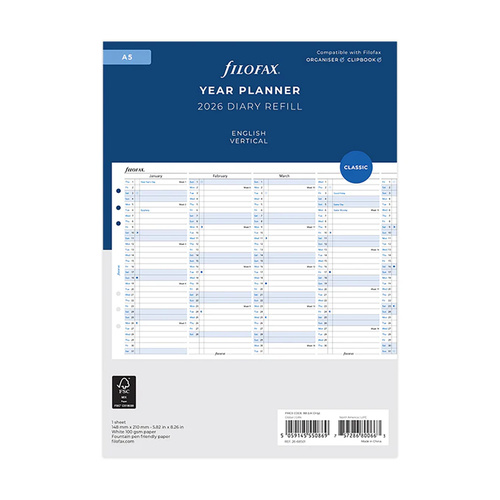2026 Refill Filofax Classic A5 Year Planner Vertical Fold-Out 26-68501