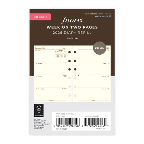 2026 Refill Filofax Cotton Luxury Pocket Week to View 26-68224