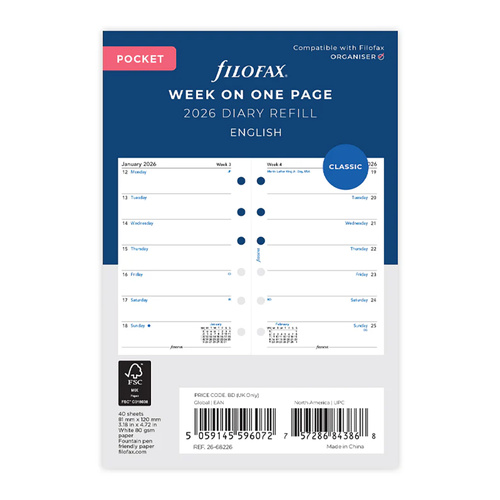 2026 Refill Filofax Classic Pocket Week to Page 26-68226