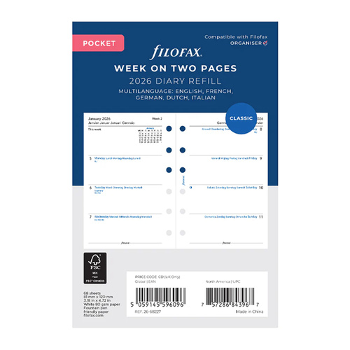 2026 Refill Filofax Classic Pocket Week to View Multilanguage 26-68227