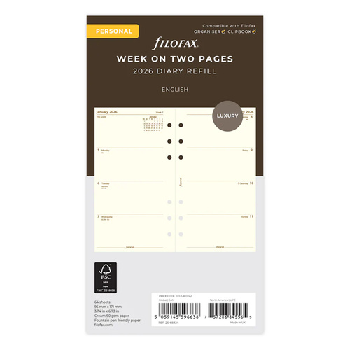 2026 Refill Filofax Cotton Luxury Personal Week to View 26-68424
