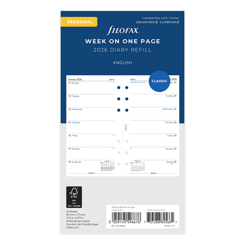 2026 Refill Filofax Classic Personal Week to Page 26-68426