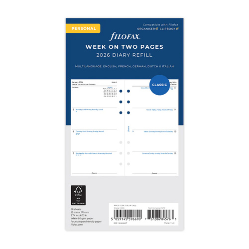 2026 Refill Filofax Classic Personal Week to View Multilanguage 26-68427