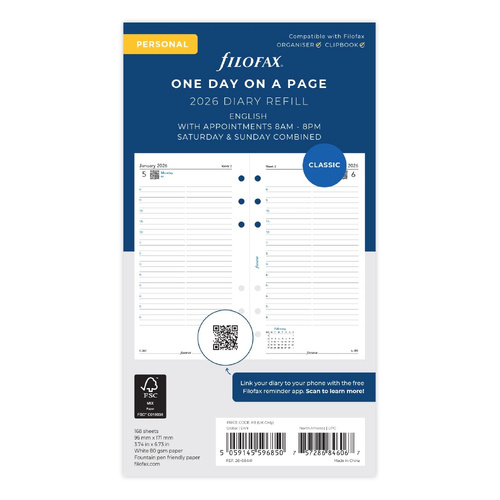2026 Refill Filofax Classic Personal Day to Page Appointments 26-68441