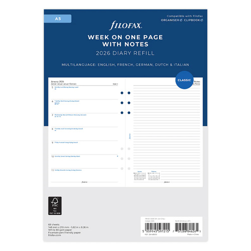 2026 Refill Filofax Classic A5 Week to View Notes Multilanguage 26-68509