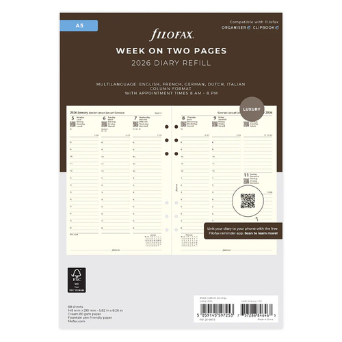 2026 Refill Filofax Cotton Luxury A5 Week to View Vertical Multilanguage 26-68513