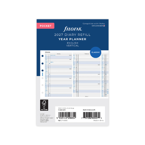 2027 Diary Refill Filofax Classic Pocket Year Planner Vertical English White, 27-68202