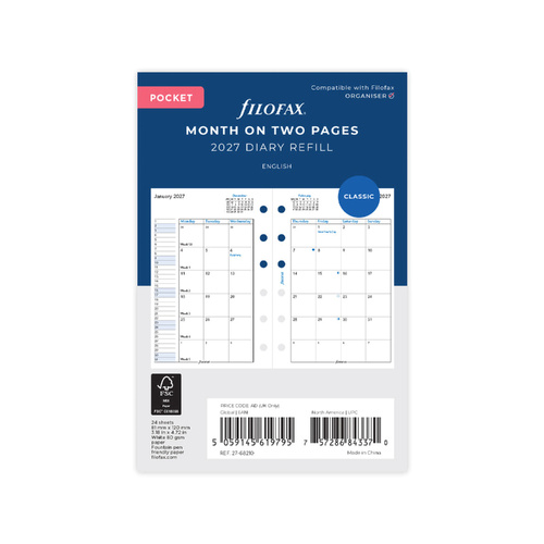 2027 Diary Refill Filofax Classic Pocket Month On Two Pages English White, 27-68210