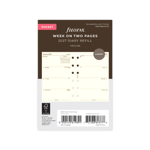 2027 Diary Refill Filofax Luxury Pocket Week On Two Pages English Cotton Cream, 27-68224