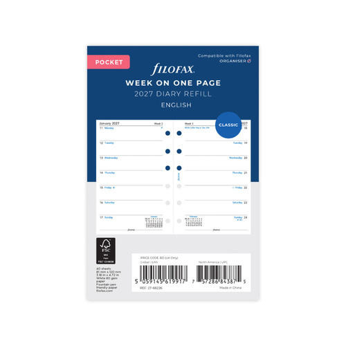 2027 Diary Refill Filofax Classic Pocket Week On One Page English White, 27-68226