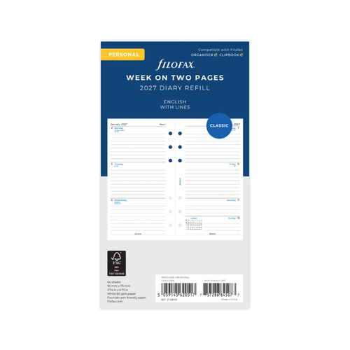 2027 Diary Refill Filofax Classic Personal Week On Two Pages Lined English White, 27-68418