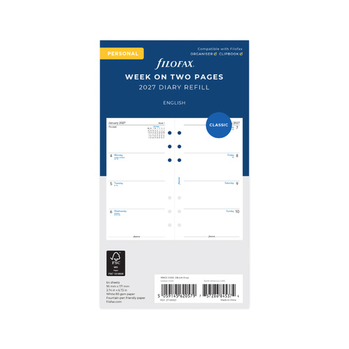 2027 Diary Refill Filofax Classic Personal Week On Two Pages English White, 27-68421