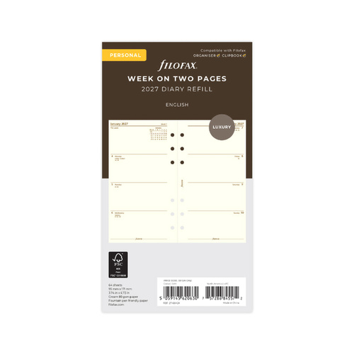 2027 Diary Refill Filofax Luxury Personal Week On Two Pages English Cotton Cream, 27-68424