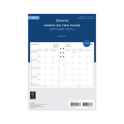 2027 Diary Refill Filofax Classic A5 Month On Two Pages English White, 27-68510